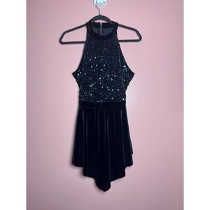Revamped Sequin Velvet Romper Womens Large Black Excellent Back Cutout‎ Halter